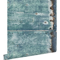 ESTAhome behang metalen platen turquoise en roest bruin - 53 cm x 10,05 m - 138220