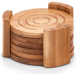 Zeller Onderzetters - 6x - in houder - bamboe hout - 10 cm - Glazenonderzetters