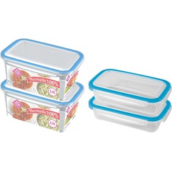 4x Voedsel plastic bewaarbakjes 0,5 en 2,5 liter transparant/blauw - Vershoudbakjes