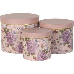 Clayre & Eef Hoedendoos Set van 3  Ø 20x17 / Ø 17x15 / Ø 14x13 cm Roze Karton Rond Bloemen Opbergdoos