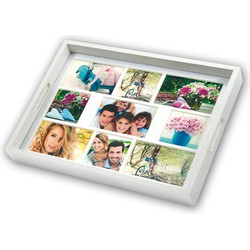Houten foto dienblad wit 45 x 35 cm met 9 foto in diverse maten - Dienbladen