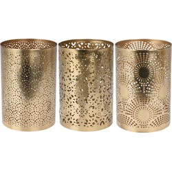 Set van 3x metalen theelichthouders/windlichtjes goud D10 x H15 cm - Windlichten