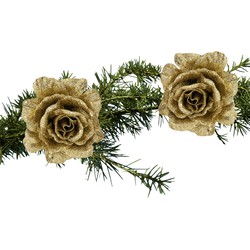 2x stuks kerstboom bloemen roos goud glitter op clip 10 cm - Kersthangers