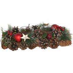 Kerst thema kaarsenhouder ornament red/green nature 30 x 15 x 8 cm - Waxinelichtjeshouders