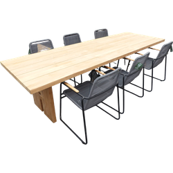 Set van Zen tafel 300x100x75 cm teak en 6 Wasabi stoelen grijs incl. kussen