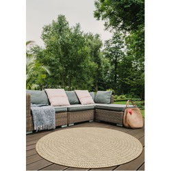 Brussels Vintage Buitenkleed – Rond - Indoor & Outdoor Vloerkleed – Tuinkleed, Balkonkleed – Jute Beige Wit- 160 CM ROND