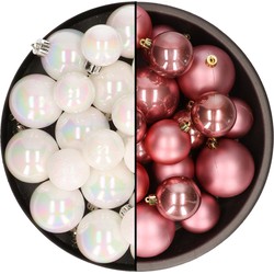 Kerstversiering kunststof kerstballen mix oud roze/parelmoer wit 4-6-8 cm pakket van 68x stuks - Kerstbal