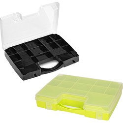 Forte Plastics - Opberg vakjes doos/Sorteerbox - 13-vaks kunststof - 27 x 20 x 3 cm - zwart/groen - Opbergbox