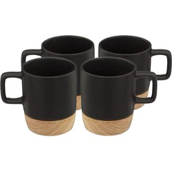 Koffiekopjes/theekopjes - 12 stuks - aardewerk - zwart - 120 ml - bamboe onderzetter - Koffie- en theeglazen