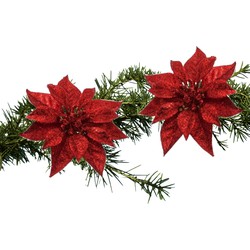 Kerst bloemen 2x stuks kunststof rood - op clip - 18 cm - Kersthangers