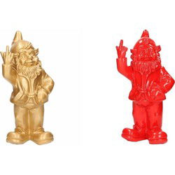 2x Staande tuinkabouters goud/rood middelvinger 30 cm - Tuinbeelden