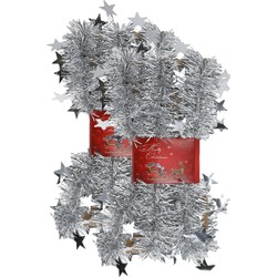 2x stuks lametta kerstslingers met sterretjes zilver 200 x 6,5 cm - Kerstslingers