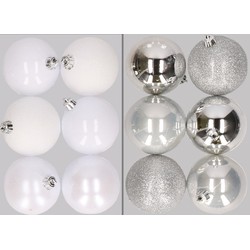 12x stuks kunststof kerstballen mix van wit en zilver 8 cm - Kerstbal