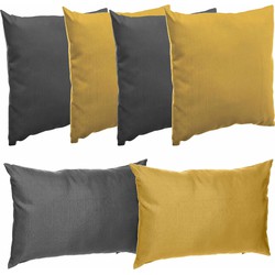 Bank/sier/tuin kussens voor binnen/buiten set 3x geel/3x antraciet in 2 formaten - Sierkussens