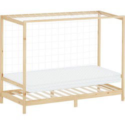 Kinderbed voetbaldoel 90x200 cm naturel grenenhout incl. matras H-10cm houten bed met lattenbodem & doelnet ML-Design