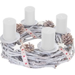 Cosmo Casa  Adventskran s rond - Kerstdecoratie  Tafelkrans - Hout Ø 30 cm wit - Grijs - Met kaarsen - Wit
