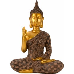 Boeddha beeldje zittend - binnen/buiten - kunststeen - zwart/goud - 20 x 28 cm - Beeldjes