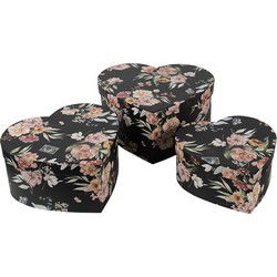 Clayre & Eef Opbergdoos Set van 3 Zwart Karton Bloemen