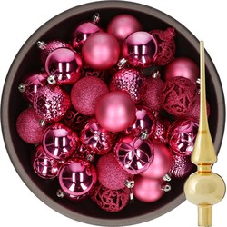 37x stuks kunststof kerstballen fuchsia roze 6 cm incl. glazen piek goud - Kerstbal