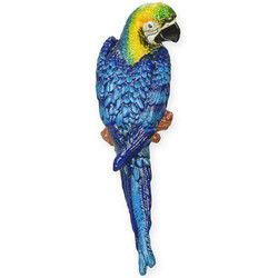 A CAST IRON WALL MOUNT BLUE AND YELLOW MACAW