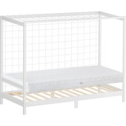 Kinderbed voetbaldoel 90x200 cm wit gemaakt van grenenhout incl. matras H-16cm houten bed met lattenbodem & doelnet ML-Design
