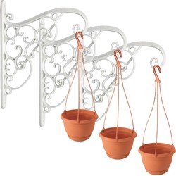 Set van vier witte sierlijke bloempothangers inclusief hangende terracotta bloempotten 1,2 liter - Plantenpotten