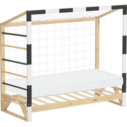 Kinderbed voetbaldoel 80x160 cm naturel grenen hout met matras H:10cm houten bed met lattenbodem klimladder & net ML-Design