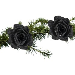 2x stuks kerstboom decoratie bloemen roos zwart glitter op clip 10 cm - Kersthangers