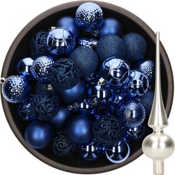 37x stuks kunststof kerstballen 6 cm kobalt blauw incl. glazen piek mat zilver - Kerstbal