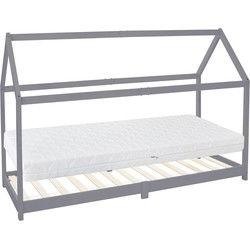 Kinderbed huisbed 90x200 cm lichtgrijs gemaakt van grenenhout incl. matras H-16cm houten bed met dak en lattenbodem ML design