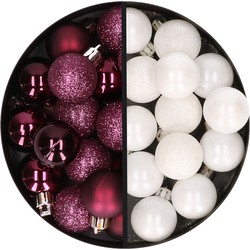 34x stuks kunststof kerstballen aubergine paars en wit 3 cm - Kerstbal
