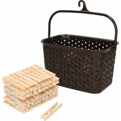 Wasknijpers mandje met ophanghaak - bruin - gevuld met 100x houten wasknijpers van 7 cm - knijperszakken