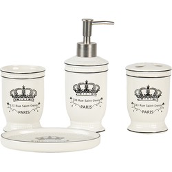 Clayre & Eef Badkamerset Set van 4  Beige Zwart Keramiek Kroon Paris Badkamer Accessoires Set