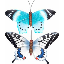 Vlinders - 2x - metaal 48 x 30 cm - blauw/wit-blauw - Tuinbeelden