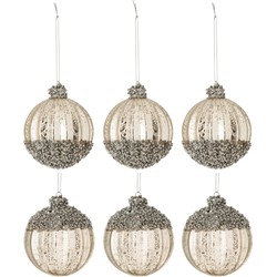 J-line - Doos Van 6 Kerstballen Parels 3xonderaan/3xbovenaan Glas Antiek Zilver Small Assortiment Van 2 - 8x8x8cm