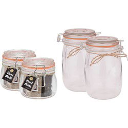 Weckpotten/inmaakpotten - set 4x - 500/1000 ml - glas - met beugelsluiting - 2 formaten - Voorraadpot