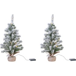 2x stuks kunstboom/kunst kerstboom met sneeuw en licht 75 cm - Kunstkerstboom