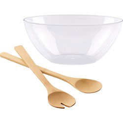 Salade/fruit serveer schaal - transparant - kunststof - Dia 27 cm - met bamboe Sla couvert/bestek - Serveerschalen