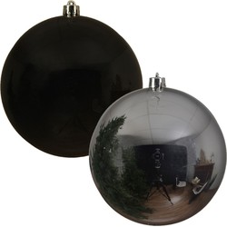 Kerstversieringen set van 6x grote kunststof kerstballen zwart en zilver 14 cm glans - Kerstbal