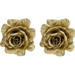 2x stuks decoratie bloemen roos goud glitter op clip 10 cm - Kunstbloemen