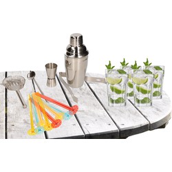 Cocktailshaker set RVS 5-delig inclusief 4x cocktailglazen 410 ml - Cocktailshakers