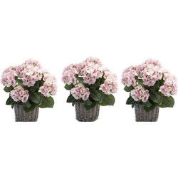 Kunstplant Hortensia bloemen in mand - 3x - H45 cm - Met bloemen - roze - Kunstplanten