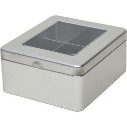 Zilveren 4-vaks theedoos/theekist met venster - 15 x 13 x 7 cm - Theedozen