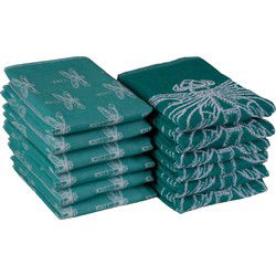 DoubleDry Theedoeken en Keukendoeken Set - 12 Stuks - 100% Katoen - Hoge Absorptie & Duurzaam - Smaragdlibel, Groenblauw