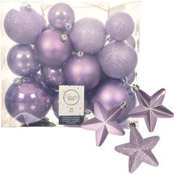 Pakket 32x stuks kunststof kerstballen en sterren ornamenten lila paars - Kerstbal