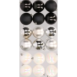 18x stuks kunststof kerstballen mix van zwart, parelmoer wit en zilver 8 cm - Kerstbal