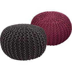 SVJ Poefs Rond - 55 x 55 x 37 cm - Katoen - Grijs/Rood - Set van 2