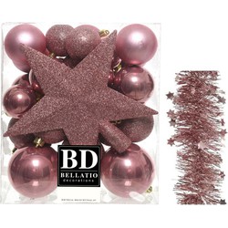 Kerstversiering kerstballen 5-6-8 cm met ster piek en sterren slingers pakket oud roze van 35x stuks - Kerstbal