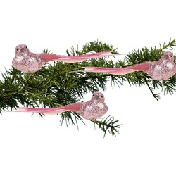 3x stuks kunststof decoratie vogels op clip roze glitter 21 cm - Kersthangers