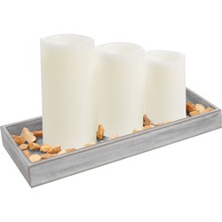 Houten dienblad met 3 LED kaarsen in de kleur wit 14 x 40 cm - LED kaarsen